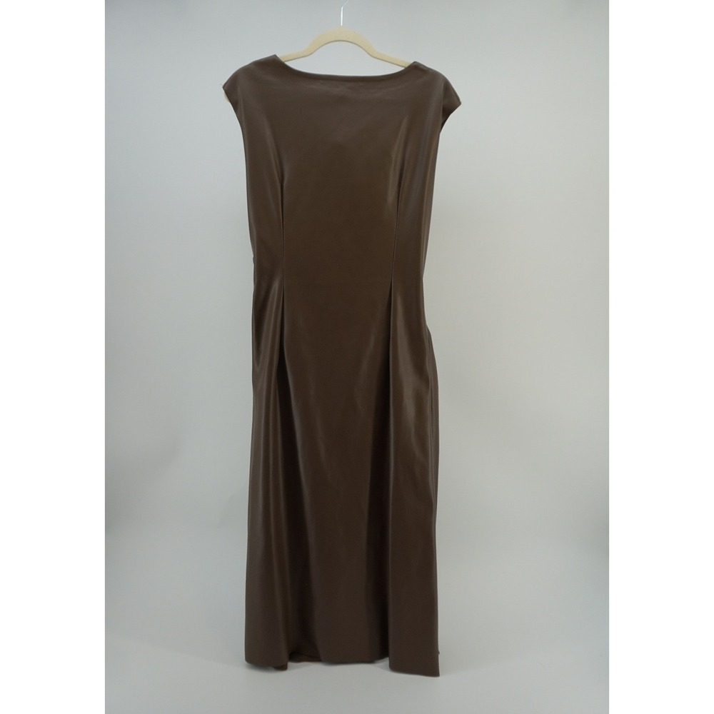 River Island Drape Cowl Neck Ruched Midi Dress Faux Leather Slit Brown US 8 NEW - Picture 7 of 9